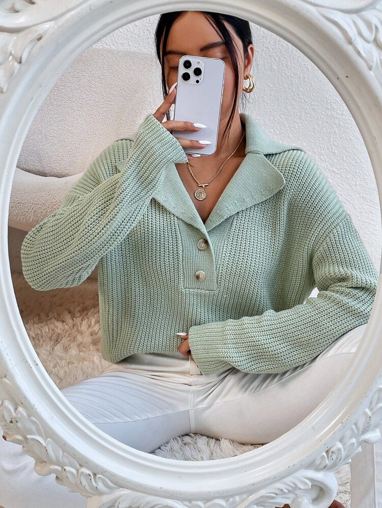 Lapel Neck Drop Shoulder Sweater | SHEIN