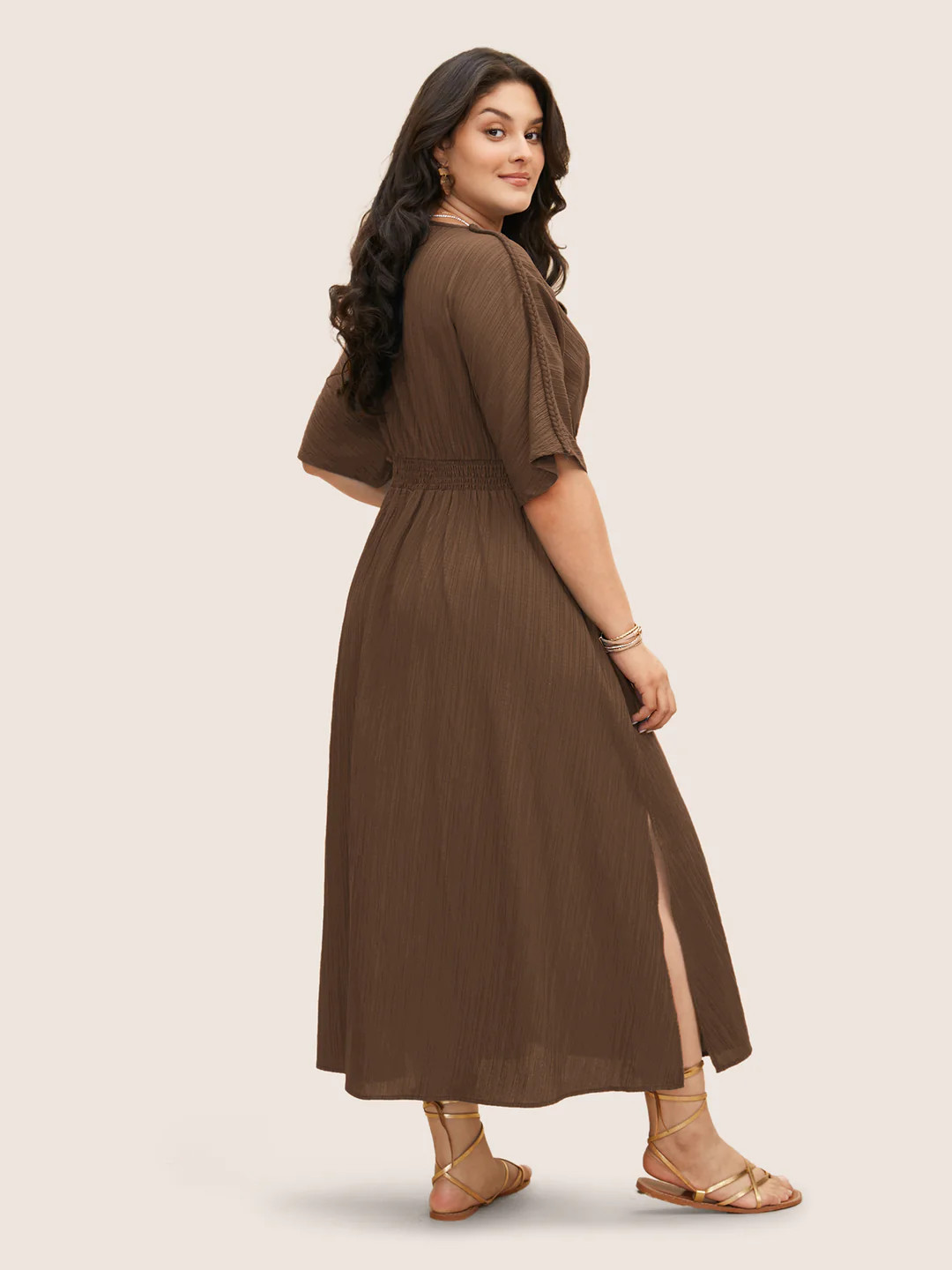 V Neck Shirred Contrast Webbing Split Side Dress | Bloomchic