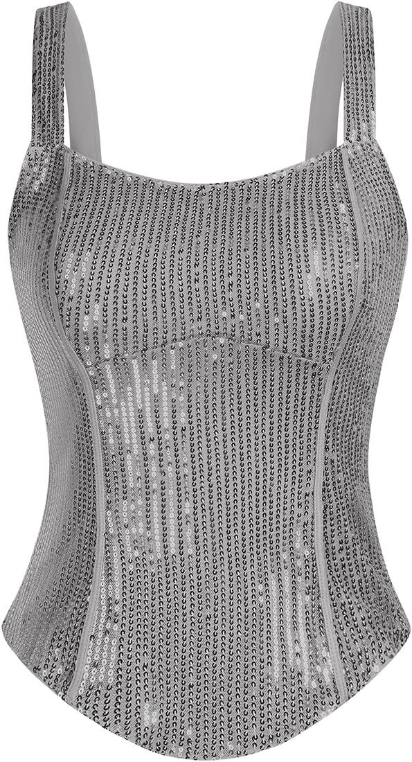 Sequin Tank Tops for Women Bustier Corset Top Sparkle Sexy Slim Camisole Sleeveless Party | Amazon (US)