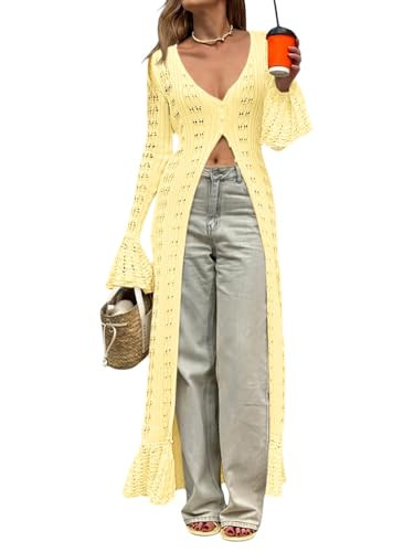 Saodimallsu Womens Crochet Long Cardigans Duster Button Up Bell Long Sleeve Ruffle 2026 Summer Bo... | Amazon (US)