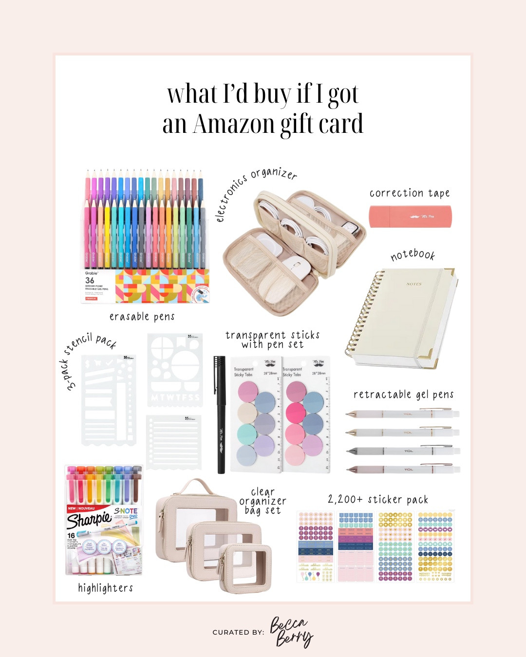What I’d buy if I got an Amazon gift card, office edition:
* Grabbie erasable pens
* Spiral notebook
* TUL gel pens
* Transparent sticky notes 
* Erin Condren planner stencils
* Sharpie S Note highlighters
* Day Designer planner stickers
* Bagsmart tech organizer
* White out
* Clear organizing bag set

#LTKHome #LTKmorningroutine #LTKFindsUnder50