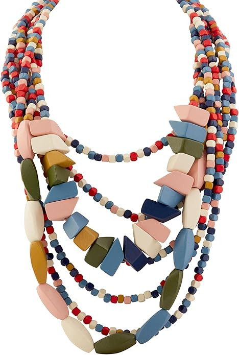 MINACHI Vintage Retro Wooden Beaded Multi Layered Long Necklace, Irregular Unique Shape Beads, Mo... | Amazon (US)