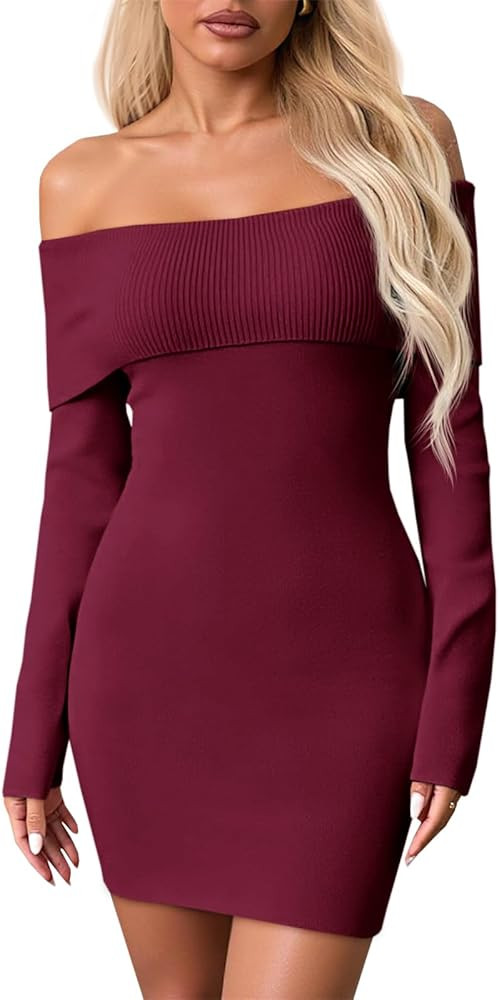 Wenrine Womens Off The Shoulder Sweater Dress Casual Ribbed Knit Long Sleeve Bodycon 2025 Fall Pa... | Amazon (US)