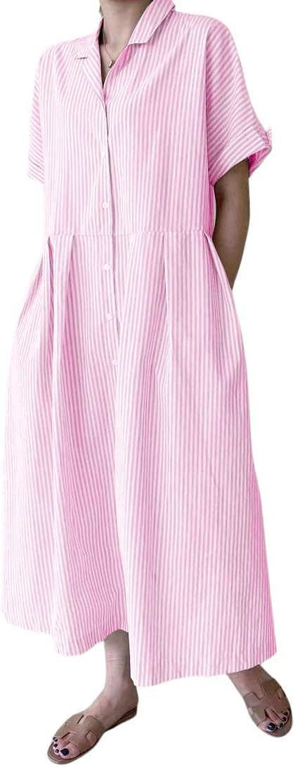 chouyatou Women's Cotton Striped Shirt Dress Button Up Short Sleeve Midi Long Shift Dress with Po... | Amazon (US)