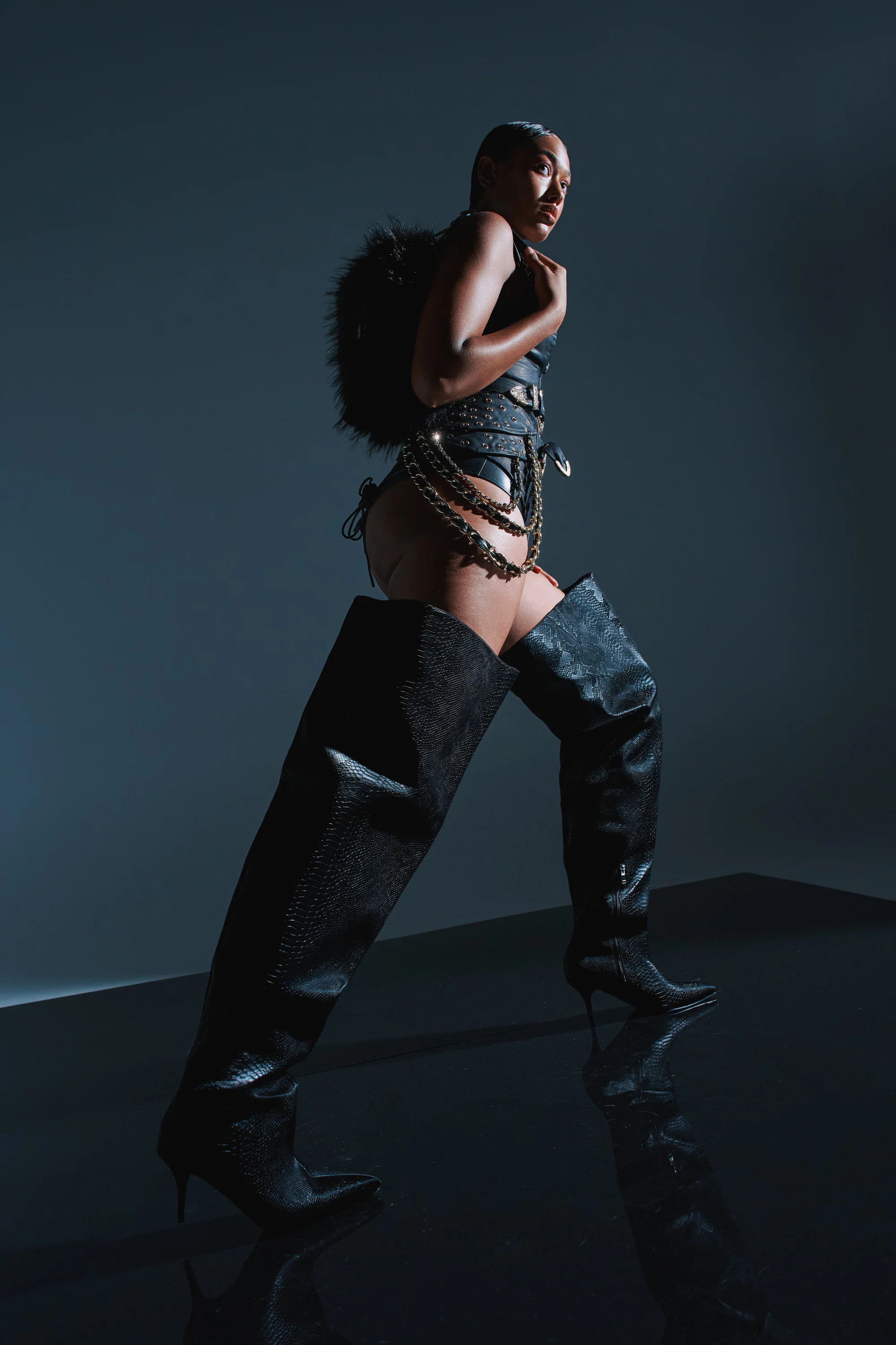 AZALEA WANG HALINA BLACK SNAKE THIGH HIGH BOOT | AKIRA