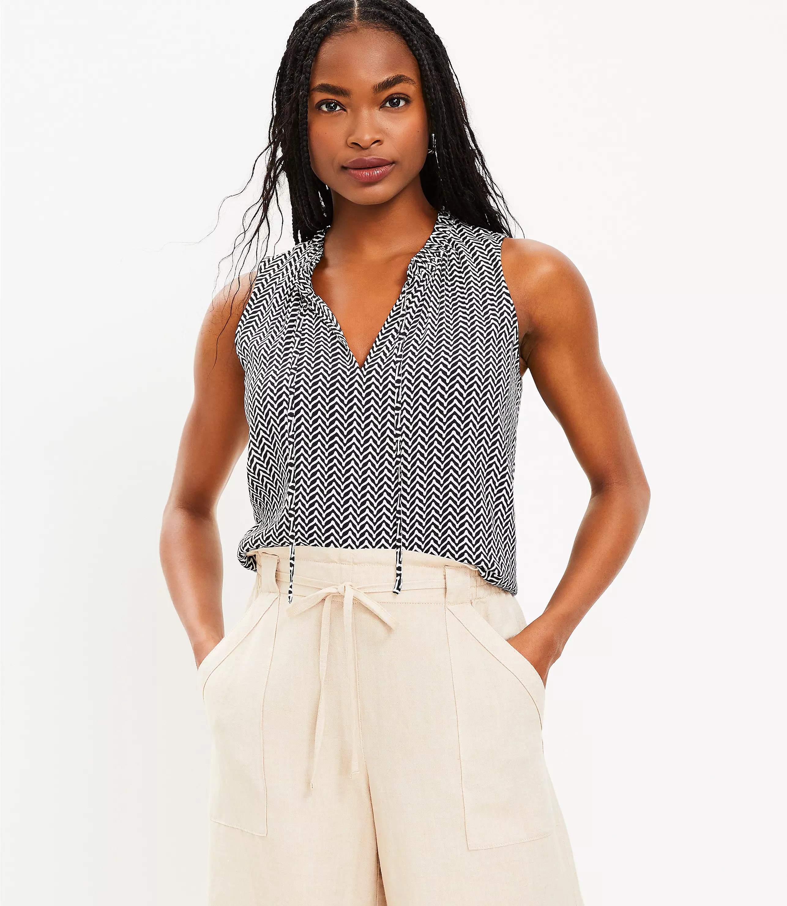 Chevron Ruffle Tie Neck Shell | LOFT