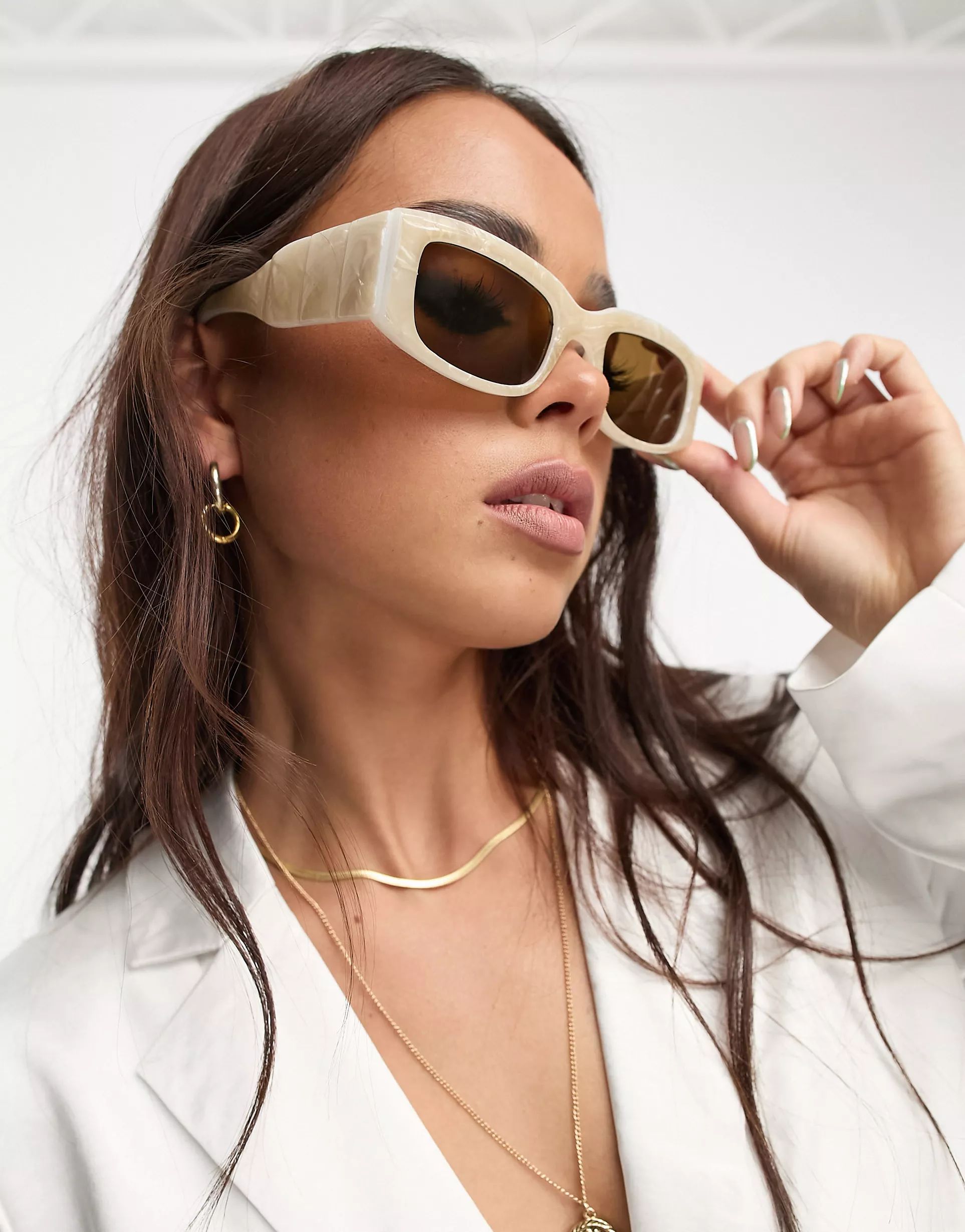 ASOS DESIGN mid square sunglasses with temple detail in white acetate transfer | ASOS (Global)