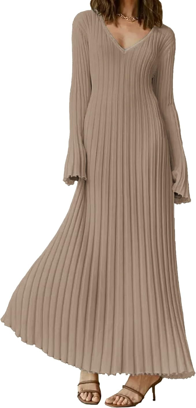 ECDAHICC Women's Sexy Ribbed Knit Sweater Dress Casual Long Sleeve V Neck Bodycon Pleated A Line ... | Amazon (US)