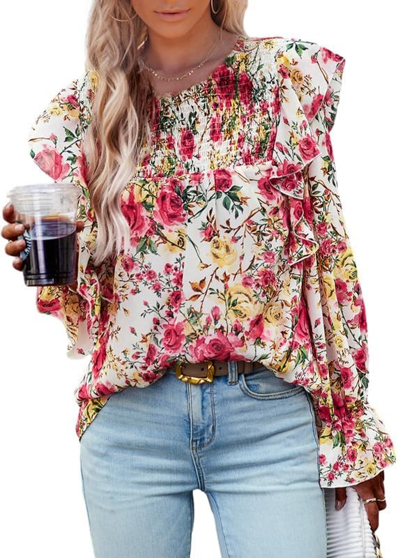 SHEWIN Womens Blouses Floral Crewneck Long Sleeve Shirts for Women Dressy Casual Tops 2024 | Amazon (US)