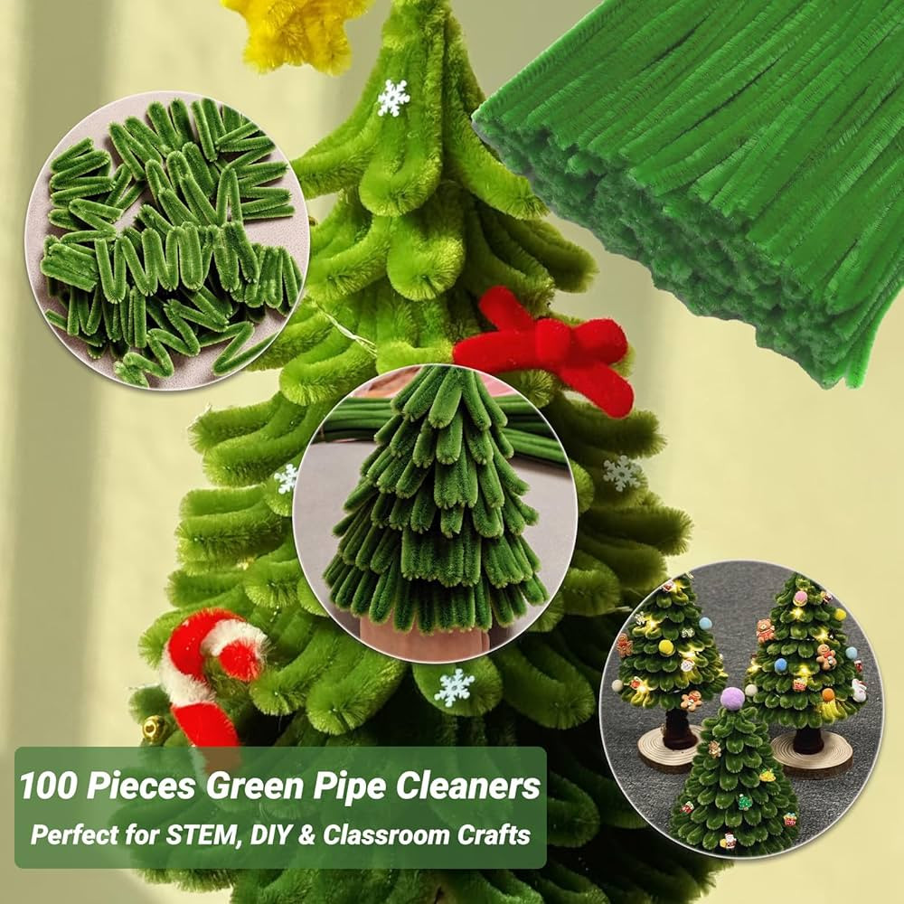 100 Pieces Green Pipe Cleaners for Crafts, Chenille Stems for DIY Art Projects, STEM Activities, ... | Amazon (US)