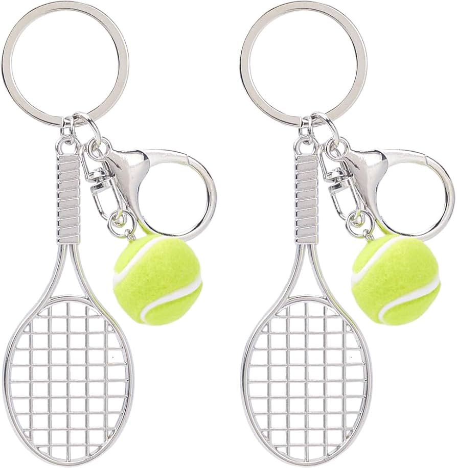 1 Box 2Pcs Tennis Themed Bag Charms Sport Ball Keychains Small Mini Metal Silver Racket Sports Ha... | Amazon (US)