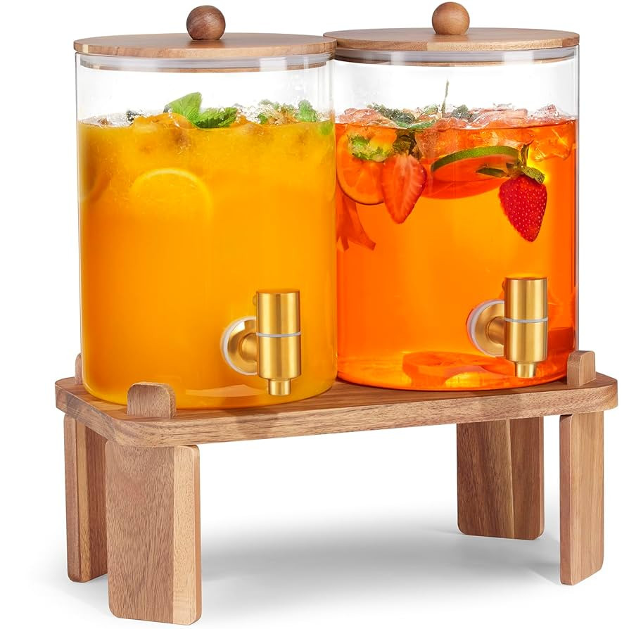 2 PCS 1 Gallon Drink dispenser, Glass Beverage Dispenser With Wood Stand, Large Water Drink Dispe... | Amazon (US)