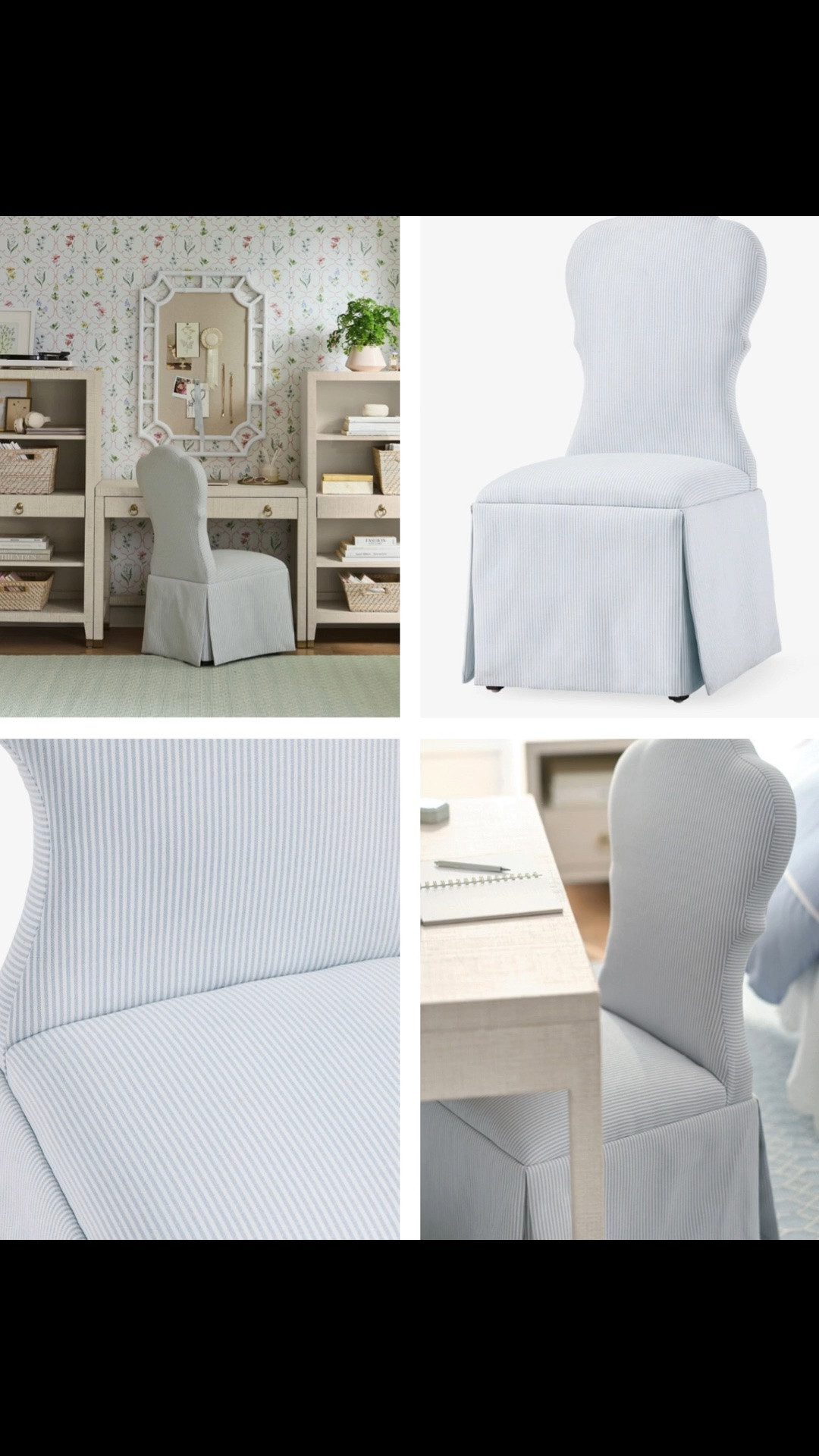 blue pin stripe skirted desk chair—love the shape of this one!

#LTKHome
