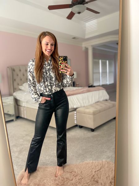 I love this Express outfit, and it’s only $50. The jeans are coated a bit shiny, and they are high waisted. I’m in a 4 in the jeans and a small in the top. #LTKExpress 

#LTKfindsunder50 #LTKfindsunder100