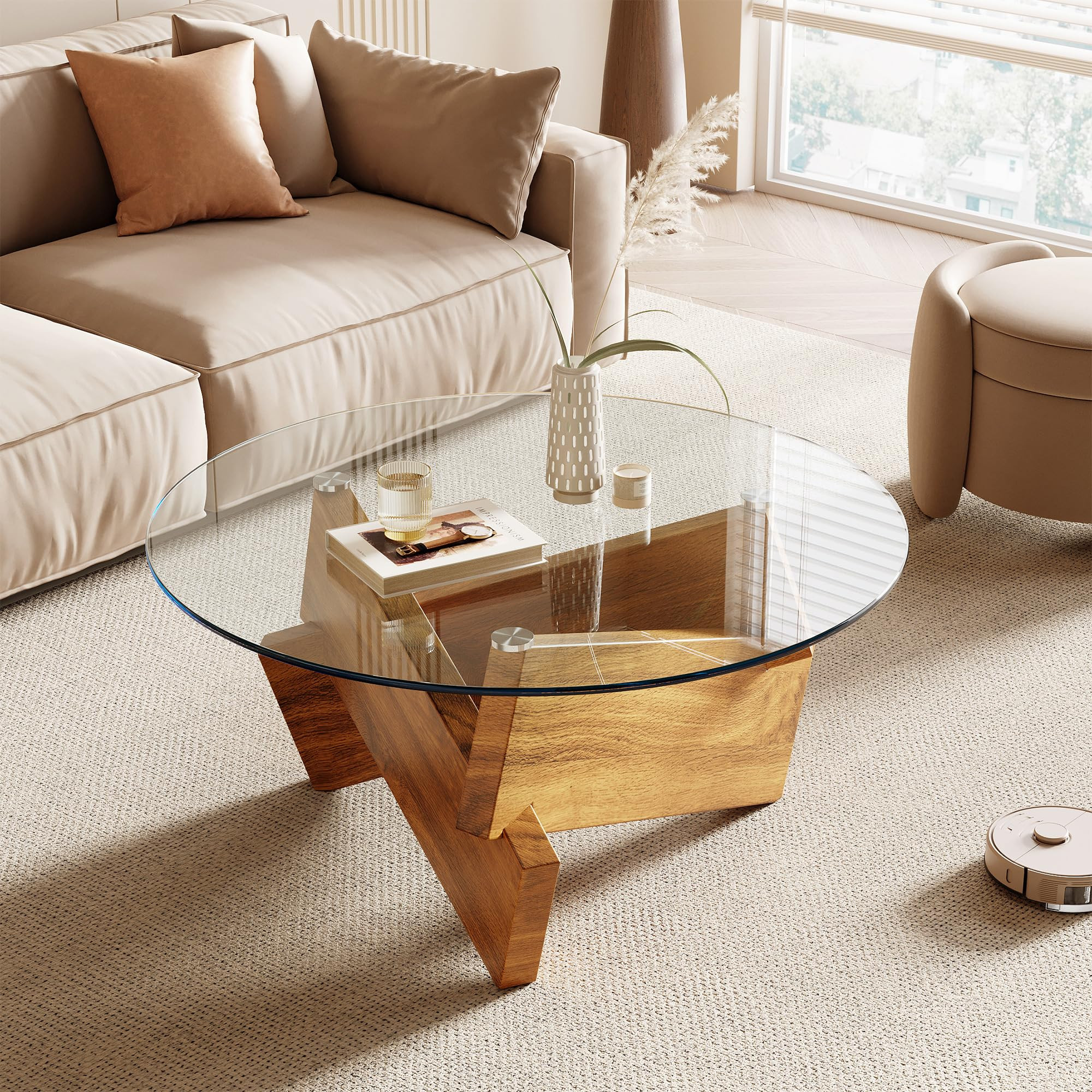 Honyee Modern Round Coffee Table, 30.7" x 30.7" x 16.1" Tempered Glass Top for Living Room, Color... | Amazon (US)