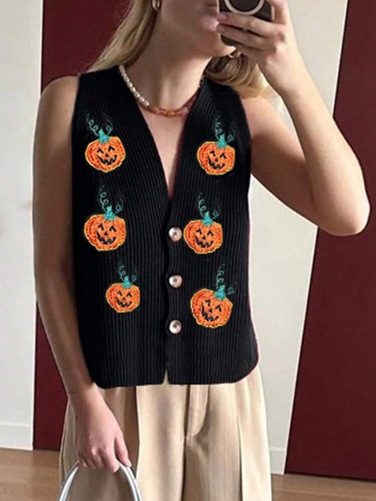Womens Y2k Halloween Christmas Holiday Sweater Vest Pumpkin V Neck Sleeveless Ribbed Knit Casual ... | SHEIN