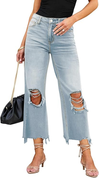 LOLONG High Waisted Ripped Flare Jeans for Women Casual Distressed Pants | Amazon (US)