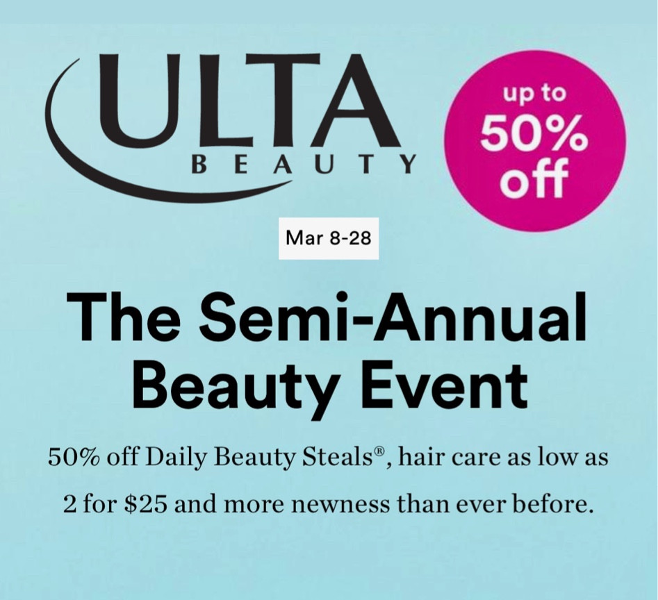 Ulta Semi-Annual Beauty event with select items up to 50% off  daily. #ultabeauty #beautysale

#LTKsalealert #LTKover40 #LTKbeauty