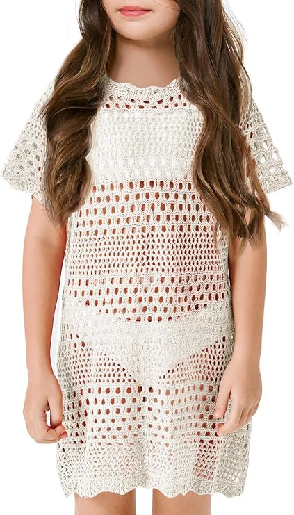 Batermoon Girls Swimsuit Crochet Swim Cover Up Summer Bathing Suit Swimwear Short Sleeve Pullover... | Amazon (US)