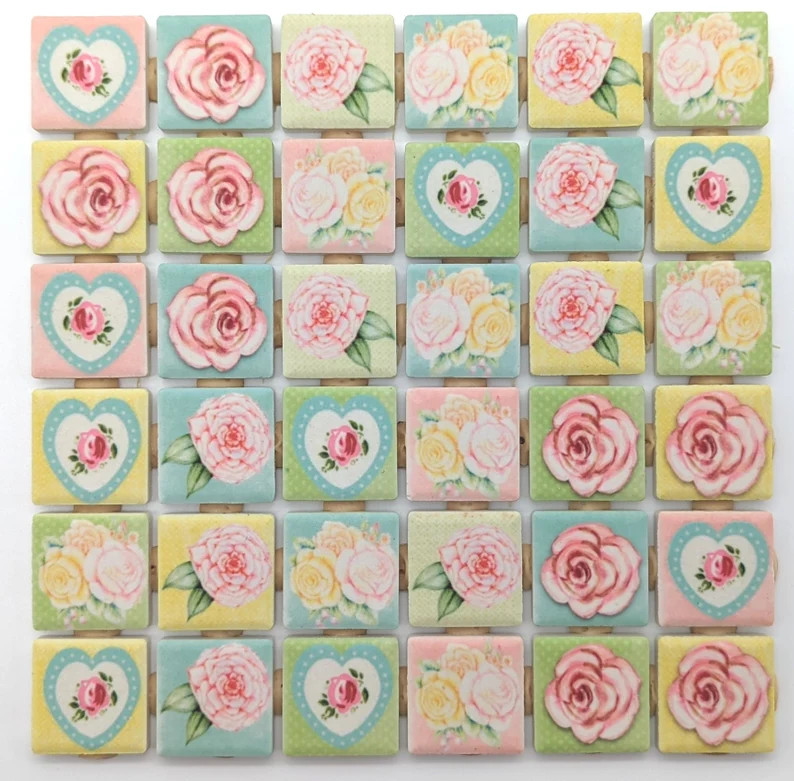 Shabby Chic Flowers Roses Hearts Designs Mosaic Tile Pieces - Ceramic Mosaic Tiles - Mixed Mosaic... | Etsy (Global)