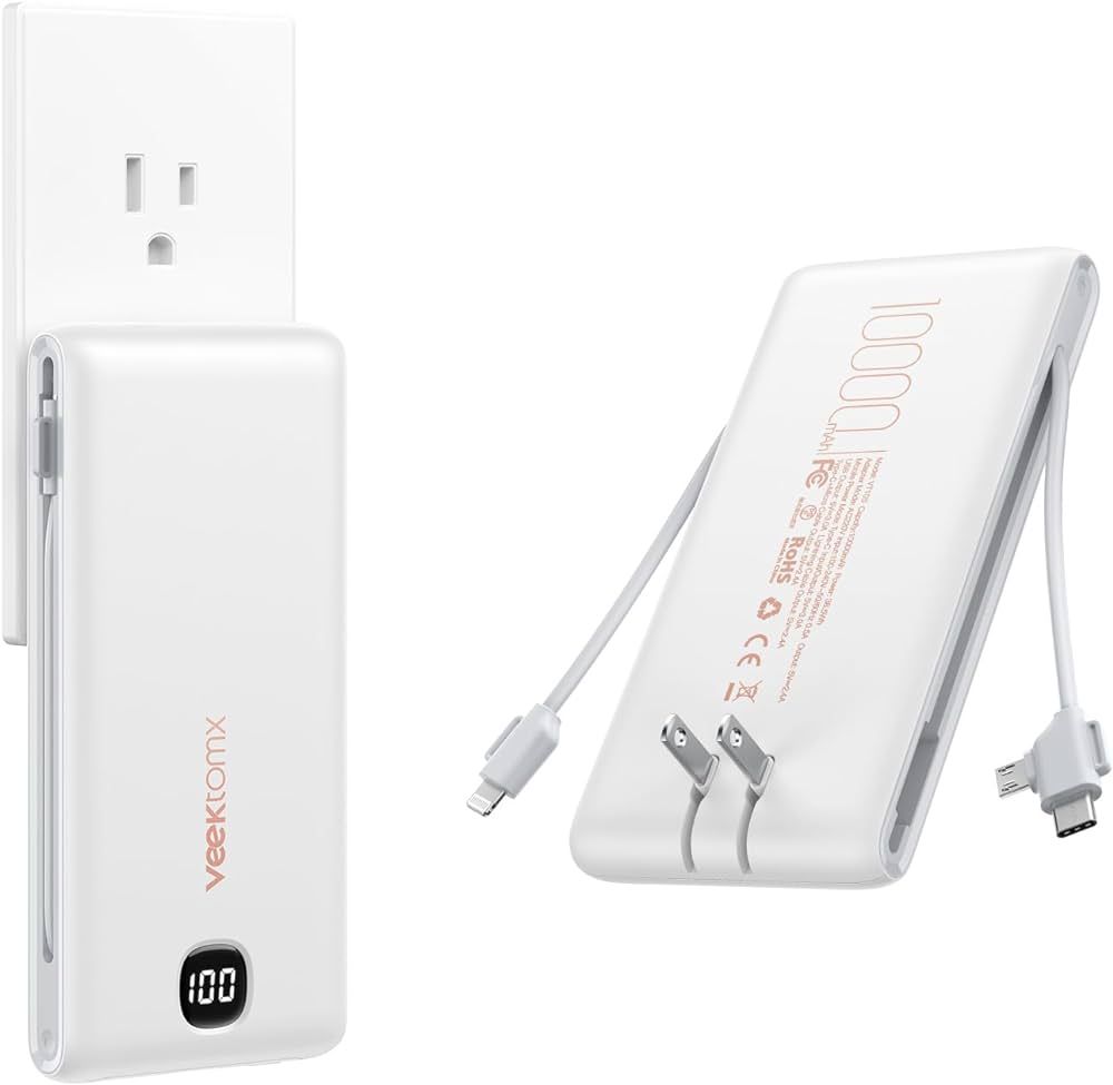 VEEKTOMX Power Bank with Built in Cables 10000mAh, Portable Charger for iPhone with Built in AC W... | Amazon (US)