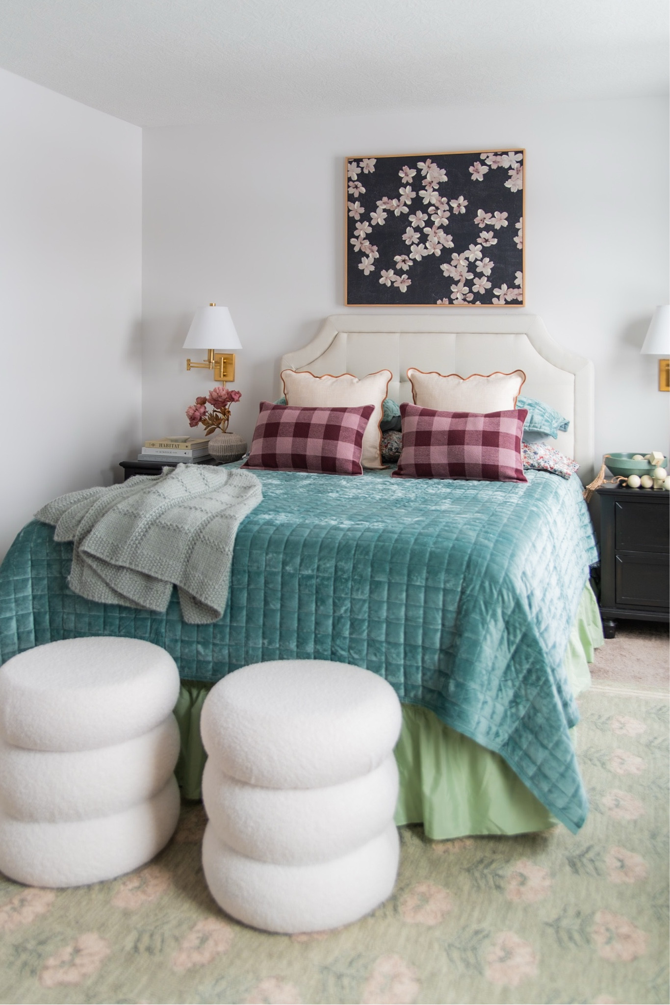 Another view of our guest bedroom refresh for the new year! #ad I just added this green ruffle bed skirt from @Wayfair that is so easy to put on. No more taking the whole bed apart--it's basically a giant scrunchie. I love the pop of color in an unexpected place! Linking other exact and similar pieces below including sconces, velvet quilts, ottomans, rugs, and artwork! #wayfair

#LTKSaleAlert #LTKSeasonal #LTKHome