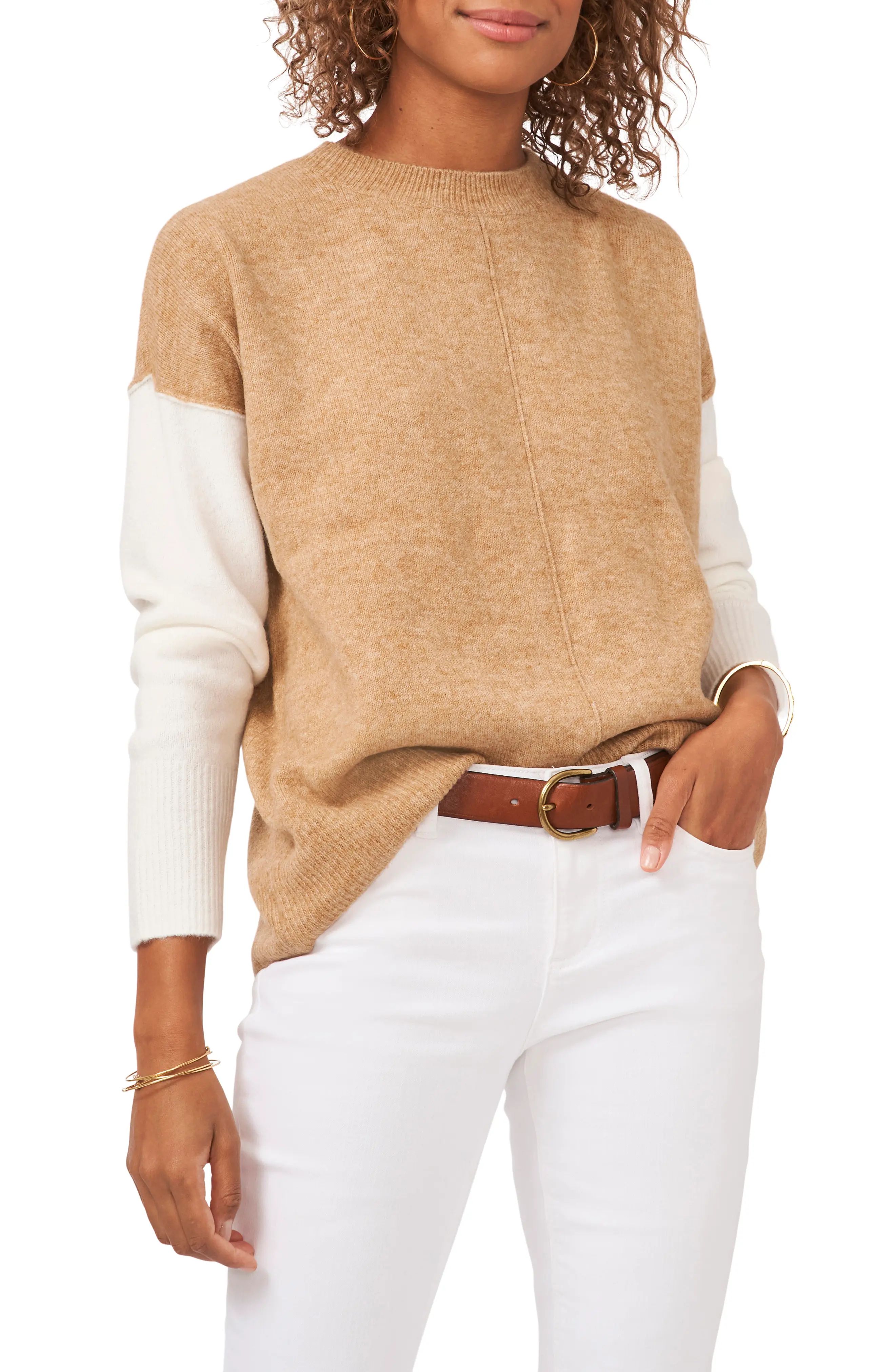 Vince Camuto Colorblock Sweater, Size Large in Latte Heather at Nordstrom | Nordstrom