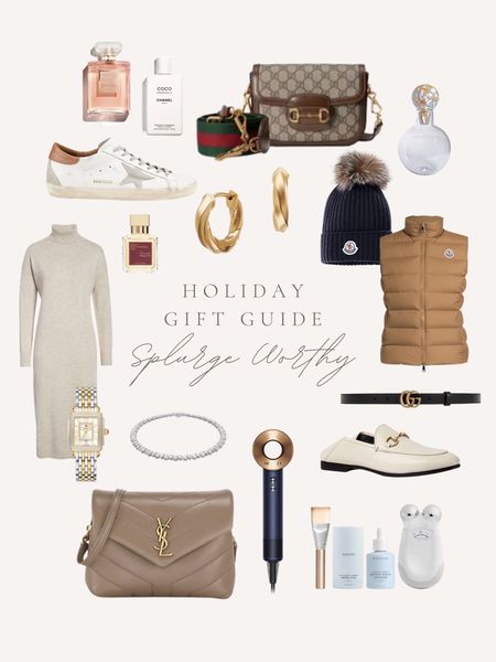 splurge worthy gifts / luxury gift guide / gifts for someone special / high end gifts / sweater dress / gucci loafers / ysl purse / gucci bag / dyson hair dryer / chanel perfume / gold earrings / wine canter / krystal necklace/ golden goose shoes / gucci belt

#LTKHoliday #LTKstyletip #LTKGiftGuide