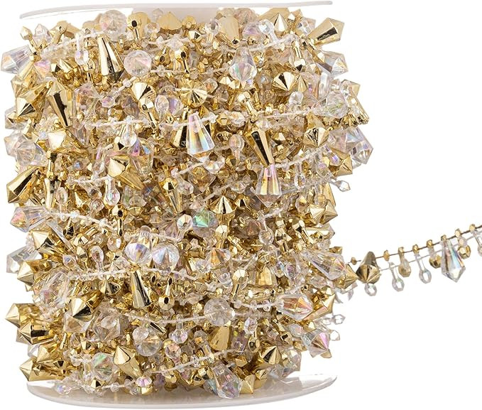 33 Feet Crystal Garland Christmas Clear Iridescent Crystal Bead Rolls and Gold Bead Garland Twist... | Amazon (US)