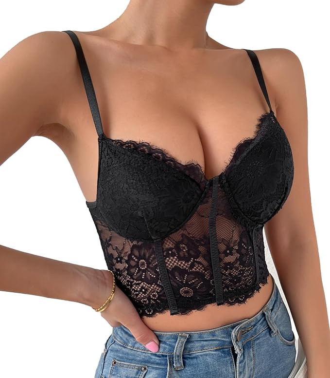 Missliibeiiy Women's Lace Bralette Crop Tops Lingerie Bustier Spaghetti Strap Corset Bra Top | Amazon (US)