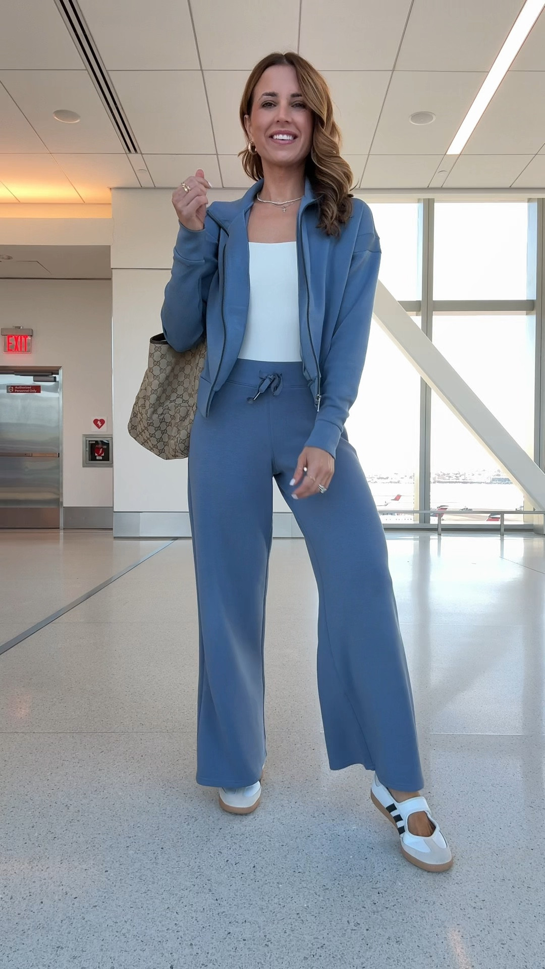 My travel must haves! My travel essentials. Spanx air essentials matching sets. I do XS petite in the pants and XS in tops/jackets! Adidas samba Jane run a little bit big but I did not size down because you can tighten strap. My travel outfit of the day. Airport outfit. Gucci Mercato tote in size large.

#LTKootd #LTKTravel #LTKPetite