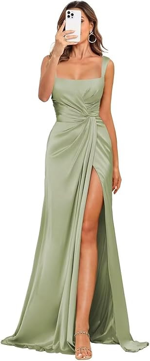Satin Bridesmaid Dresses with Slit Pleated Long Maxi Wedding Guest Dress Mermaid Formal Evening G... | Amazon (US)