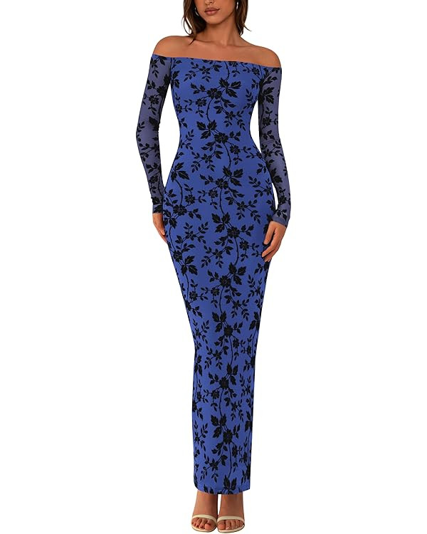 PRETTYGARDEN Womens Off The Shoulder Floral Maxi Bodycon Dress Fall Long Sleeve Mesh Fitted Long ... | Amazon (US)