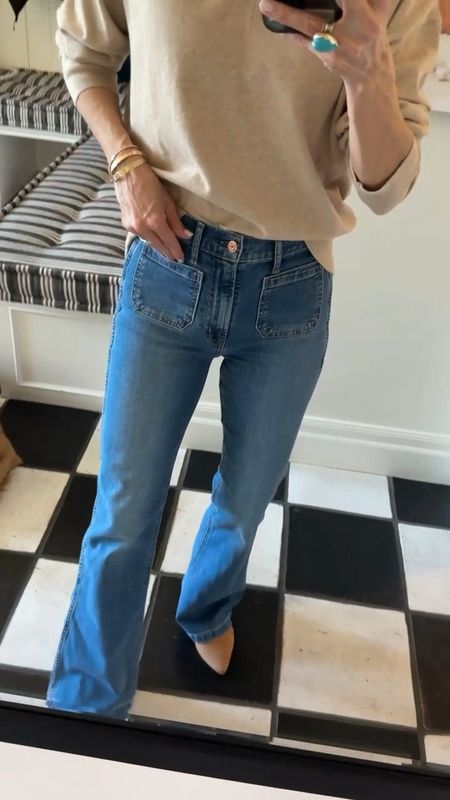 Gretchen just found these new jeans at Gap and is loving the fit. These are a bootcut but not too long as you can wear them with flats or a sneaker! Run tts and good on the booty. She even got a compliment from her hubby! 👀🫶

Linking basic v-neck sweater from Old Navy and flats- also new and Old Navy! 

#LTKsalealert #LTKVideo #LTKover40