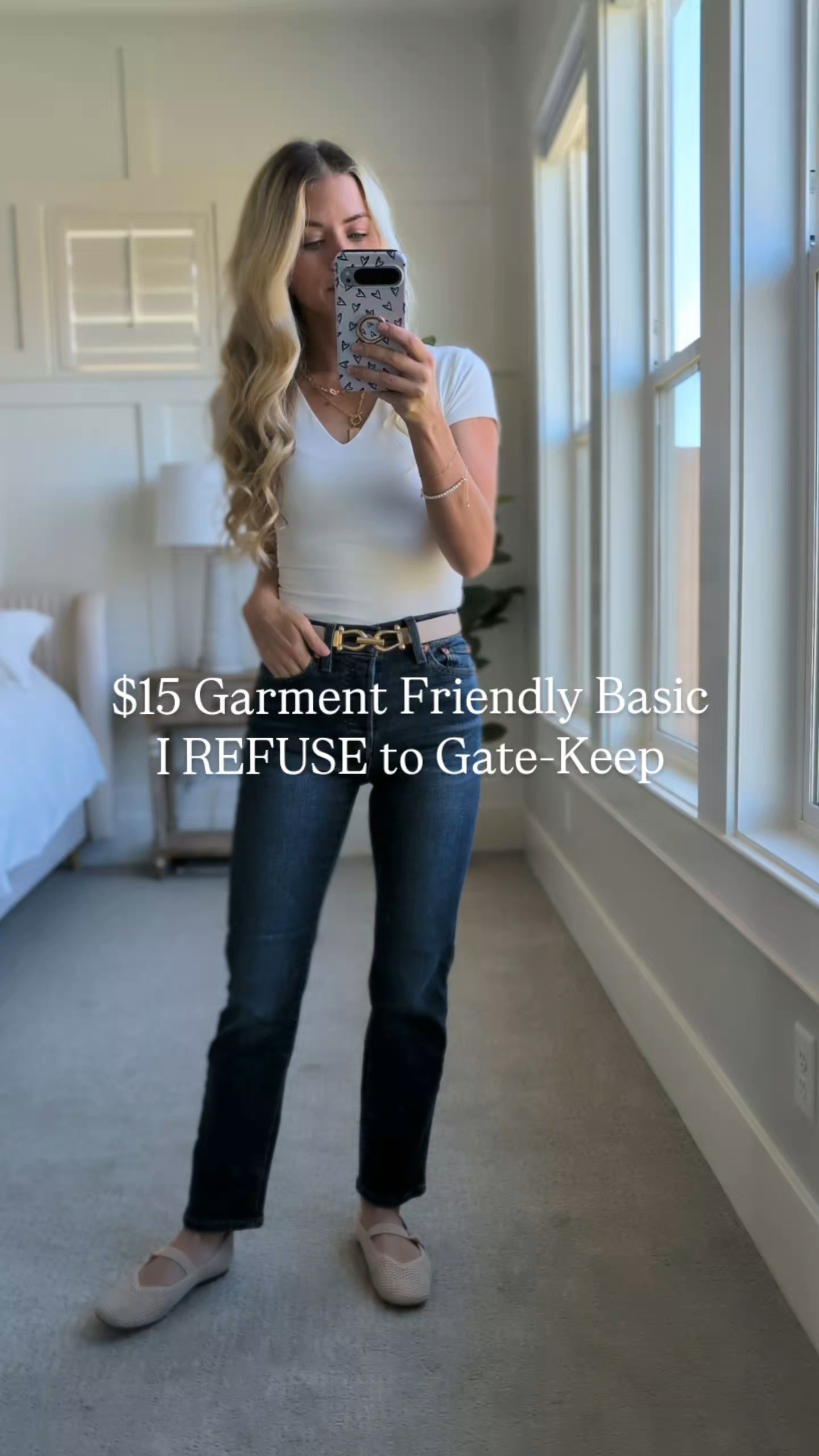 $15 basic tee that is V-neck and NOT see through! + Super flattering anti pooch jeans that don't show garment lines. 

