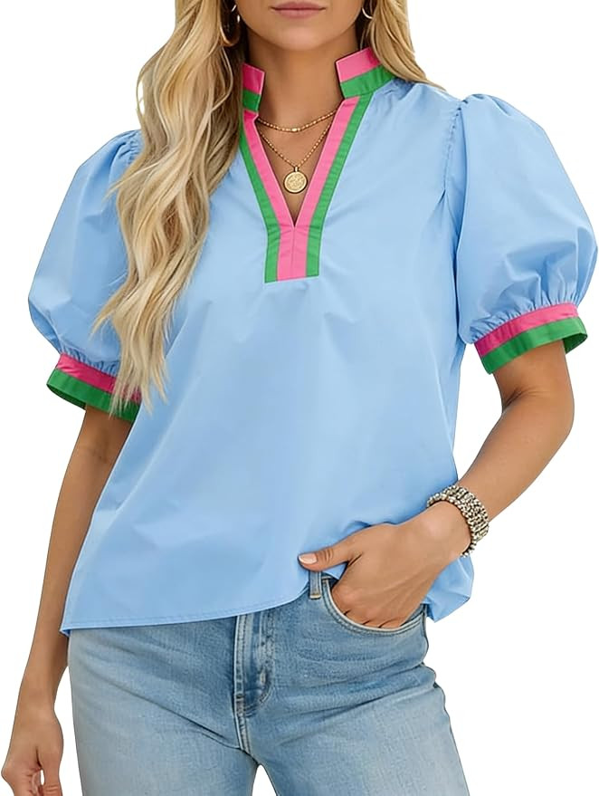 Huaqiao Womens Color Block Puff Short Sleeve Tee Shirt V Neck Cotton Tops Loose Fit Summer Blouse... | Amazon (US)