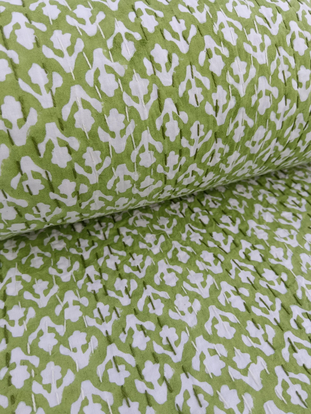 Green Floral Hand Block Print Kantha Quilt: Indian Cotton Bedspread - Etsy | Etsy (Global)