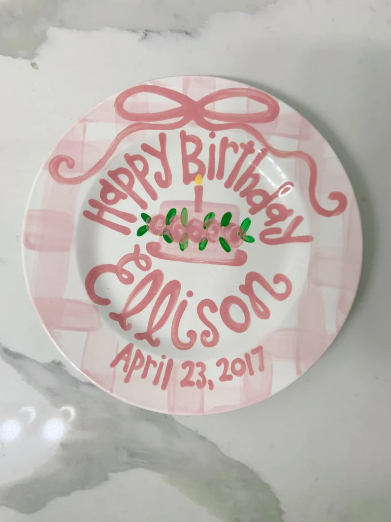 Girls Preppy Birthday Plate // Pink Gingham and Ribbon // First Birthday // Pink and White // Sma... | Etsy (US)