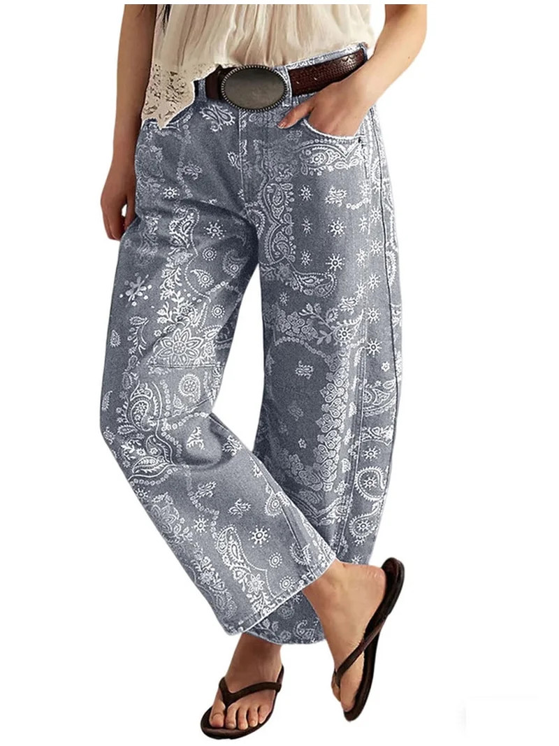 sicmoss Women Y2K Mid Rise Grey Barrel Denim Jeans Vintage Bandana Paisley Pattern Casual Loose F... | Walmart (US)