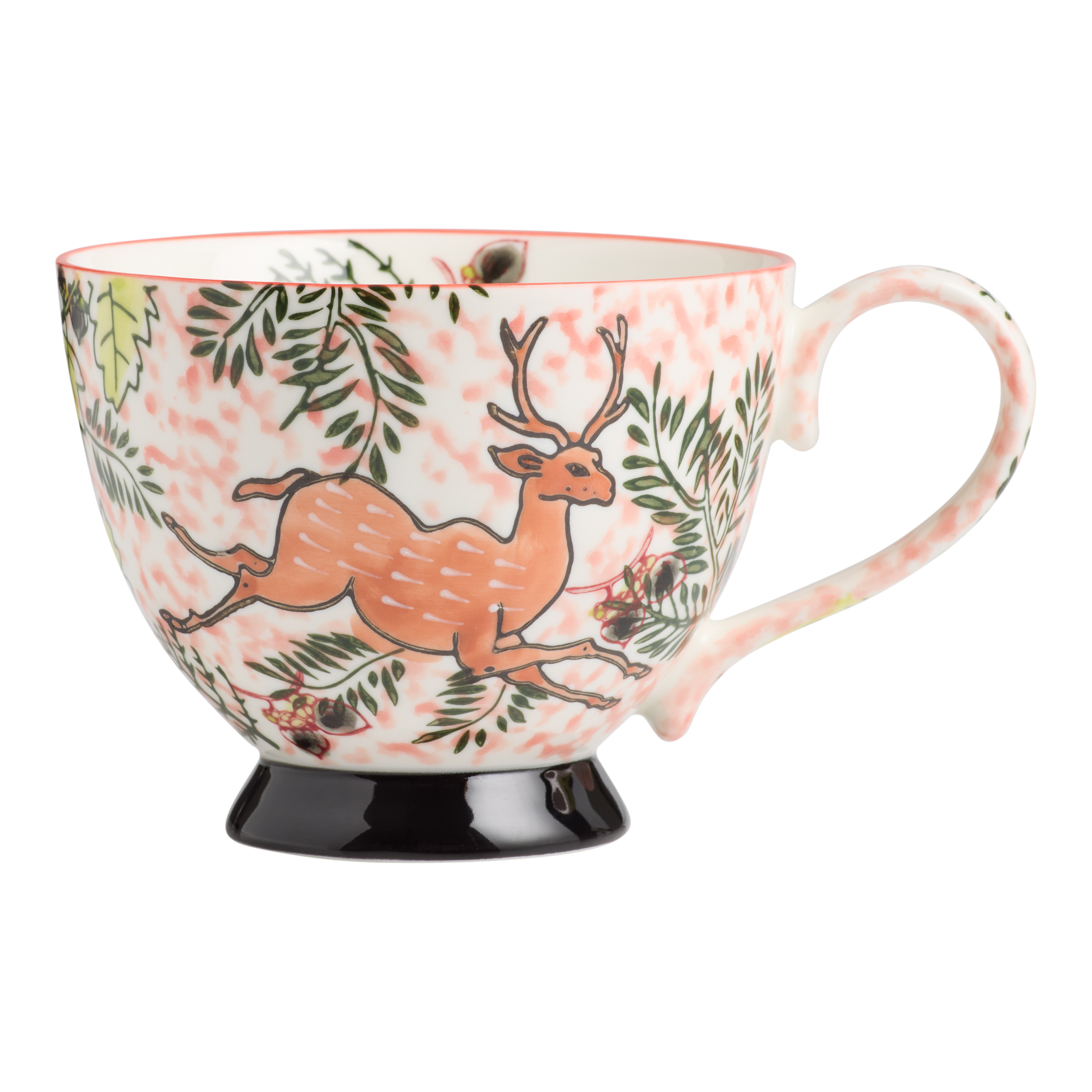 Pink and Green Reindeer Holly Hand Painted Ceramic Mug | World Market