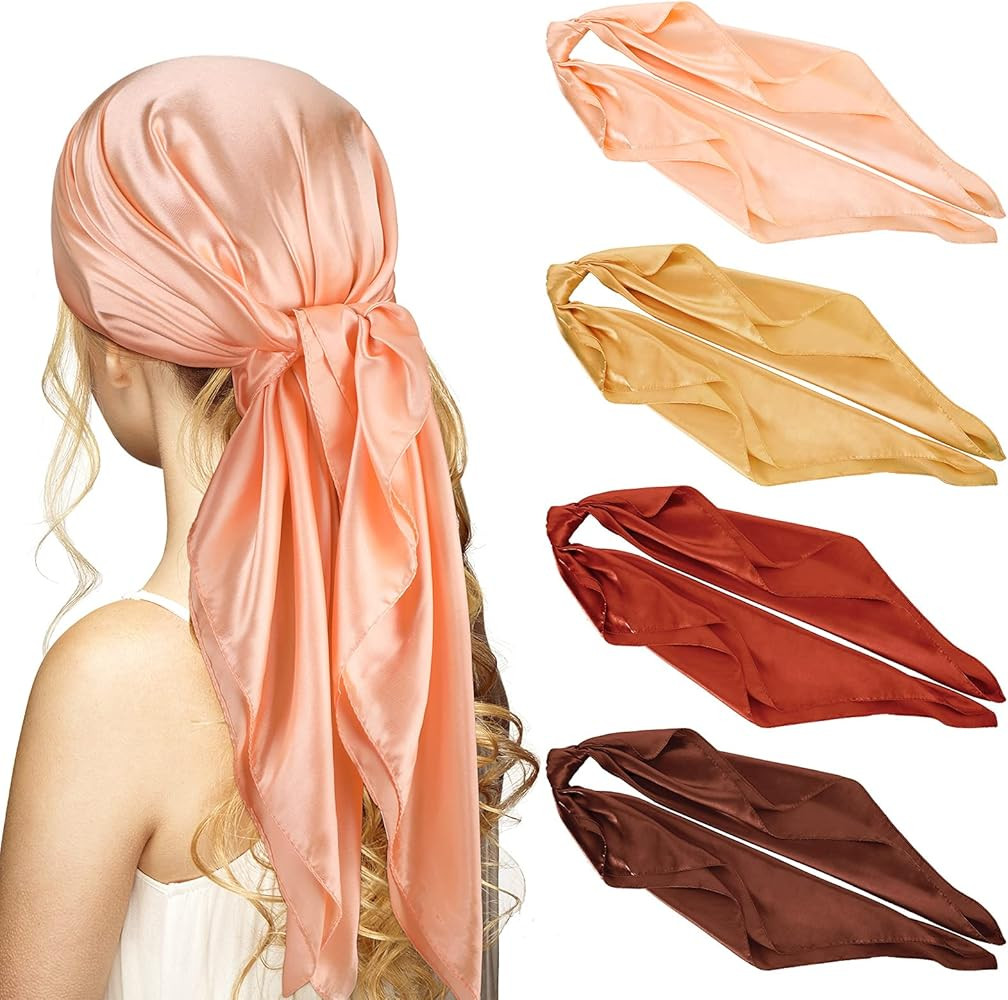 Vicpen 4 Pieces 35 Inch Satin Head Scarves Large Square Scarves Silky Head Scarf | Amazon (US)