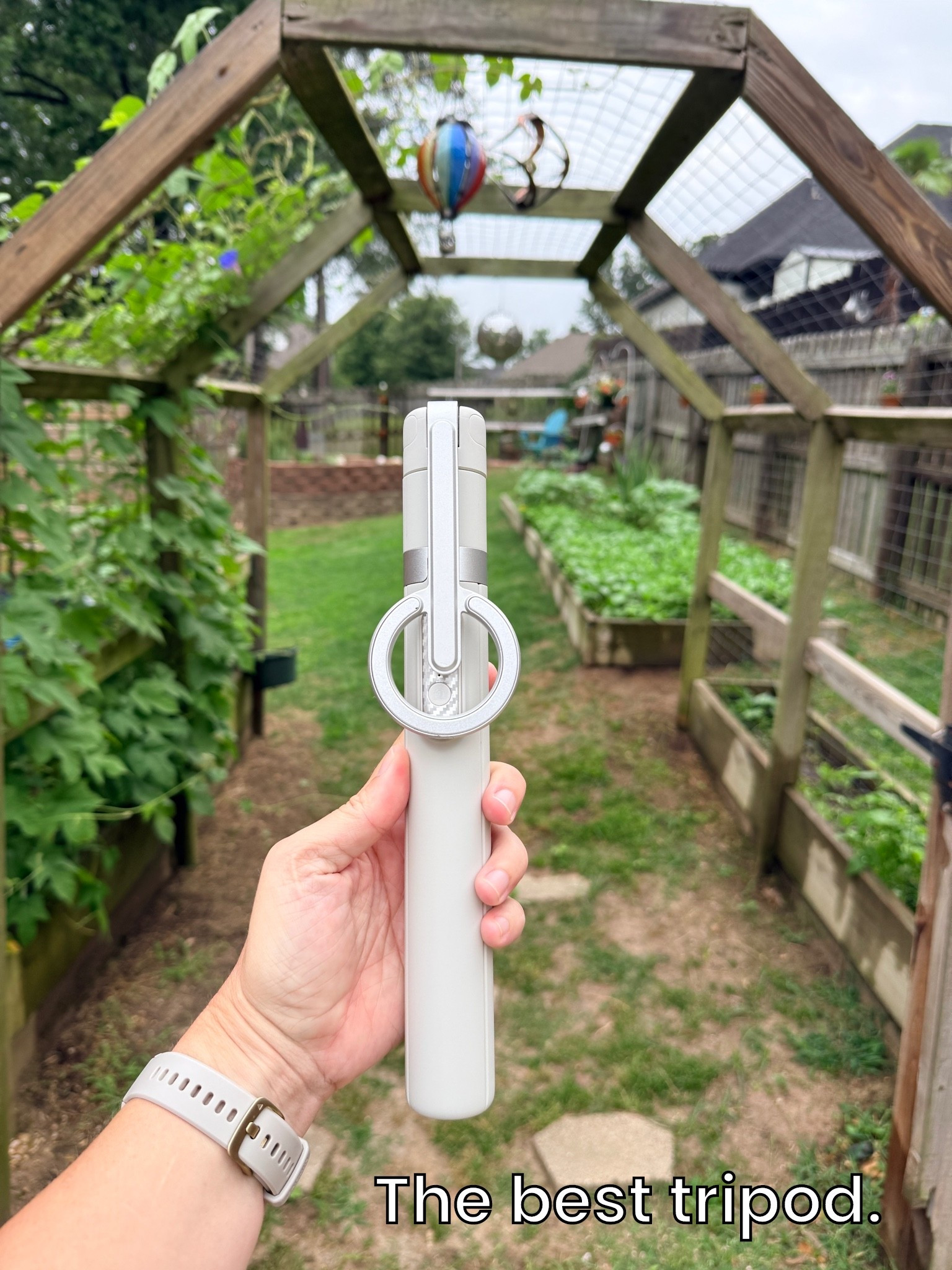 This tripod gets so tall and it holds your phone via a magnet. I love it because I can easily correct alignment to get a straight horizon shot. This tripod goes with me everywhere!