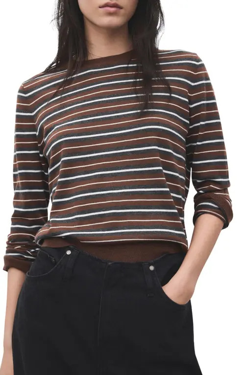 MANGO Stripe Crewneck Sweater in Caramel at Nordstrom, Size X-Small | Nordstrom