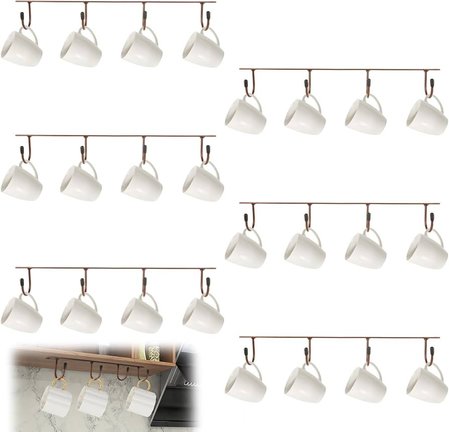 6 Pack Mug Holder Under Cabinet Coffee Mug Holder, 4 Mug Cup Hook Under Shelf Hanging Mug Organiz... | Amazon (US)