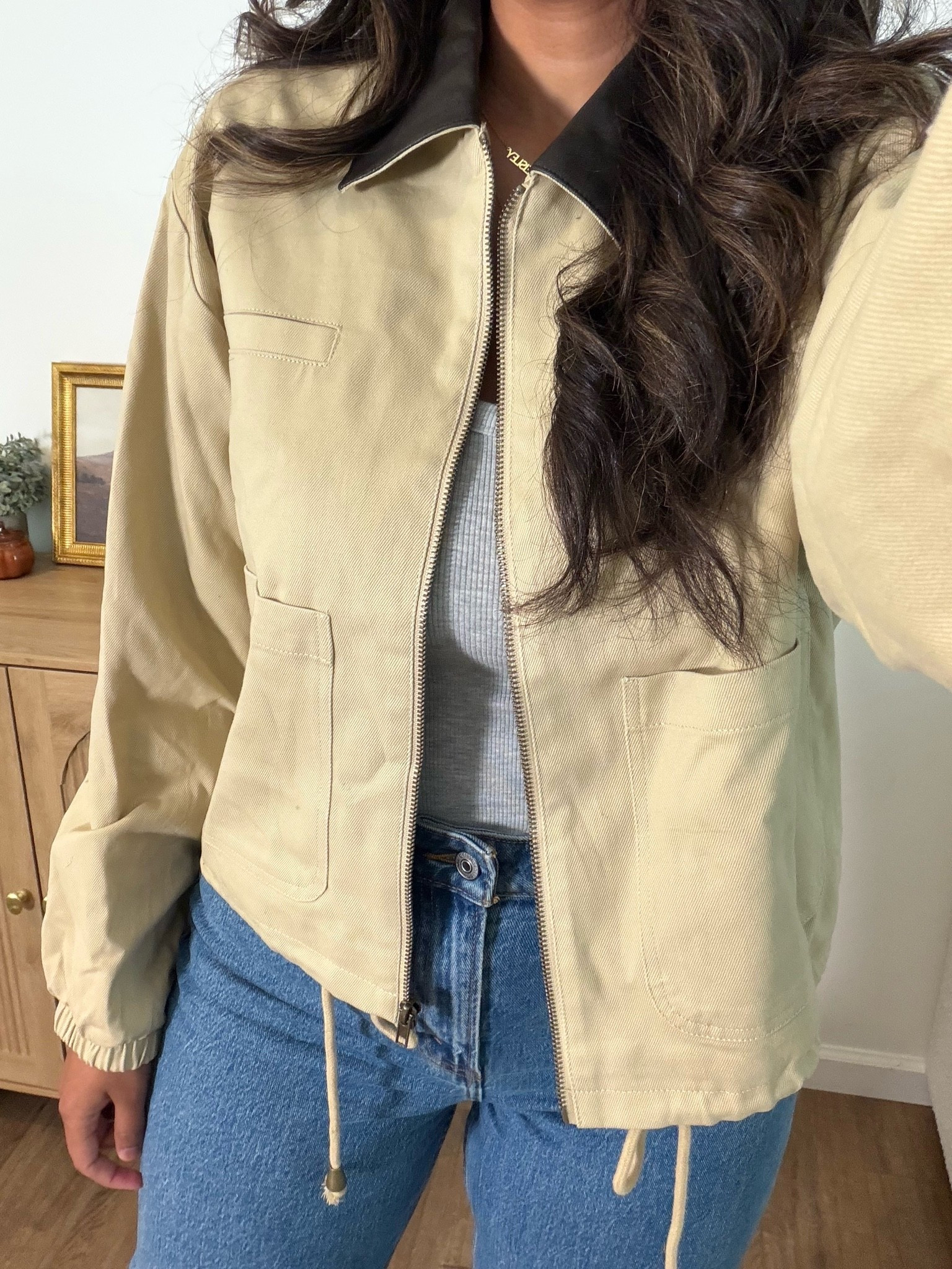 $20 barn jacket! Size medium!! Such a cute fit! Affordable finds!!  Walmart find! Abercrombie jeans nuuds long sleeve