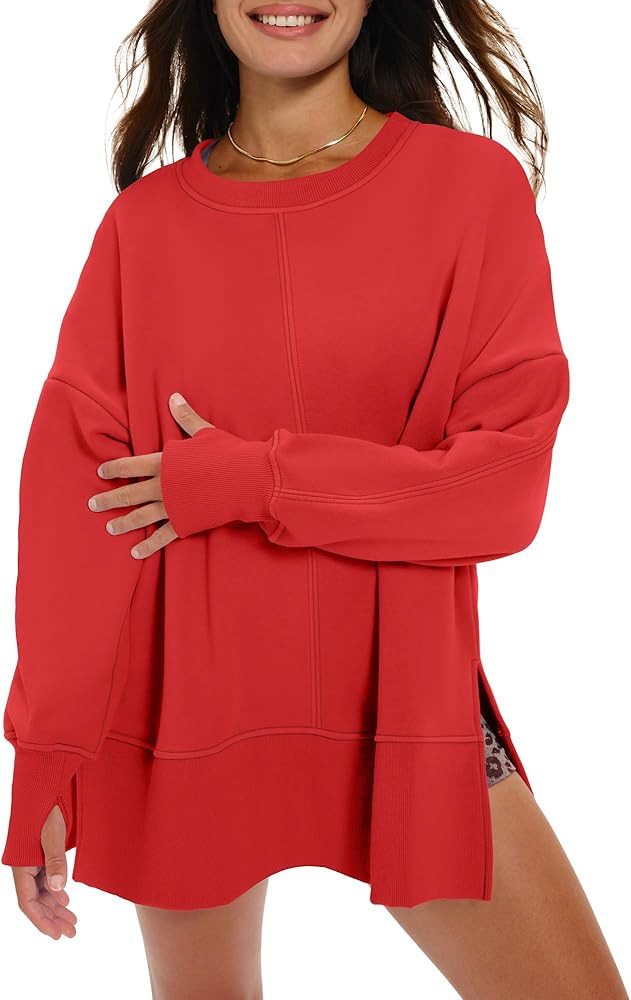Locachy Women's Oversized Fleece Sweatshirt Casual Winter Warm Pullover Side Slit Sweatshirt Fash... | Amazon (US)