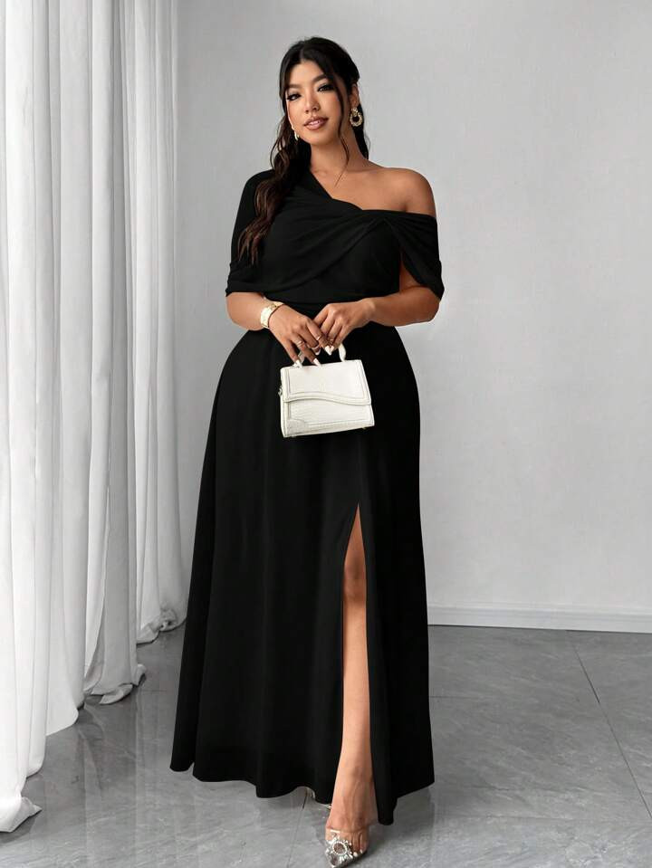 Elenzga Plus Size Women Elegant Romantic Wedding/Banquet Sheer One Shoulder Split Chiffon Dress | SHEIN