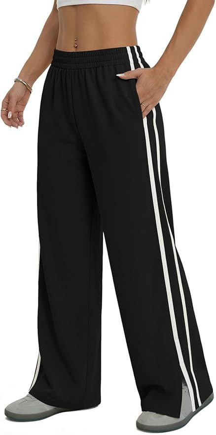 Fisoew Womens Wide Leg Pants Casual Baggy Elastic Waist Side Slit Contrast Stitch Loose Workout S... | Amazon (US)