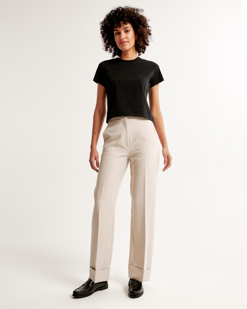 High Rise Cuffed Tailored Straight Pant | Abercrombie & Fitch (US)