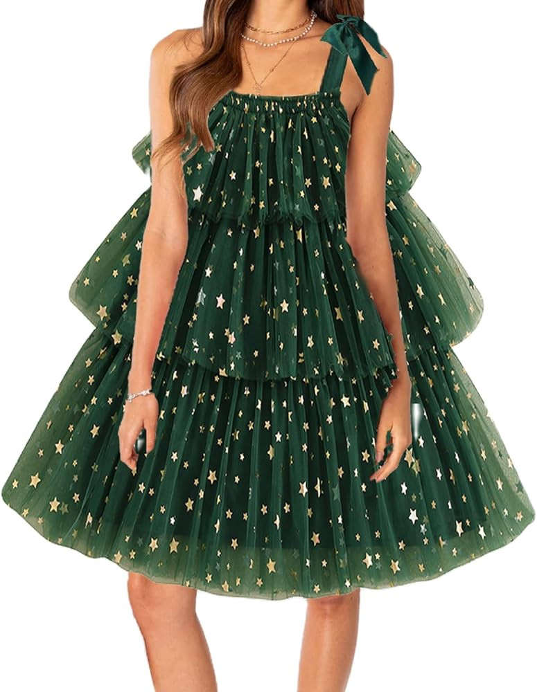 Women Christmas Tree Dress Sleeveless Sequin Layered Tulle Tutu Dress Christmas Xmas Tree Green D... | Amazon (US)